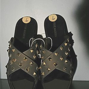 Steve Madden TACE Matte Black Studded Slides Sandals NWT 7